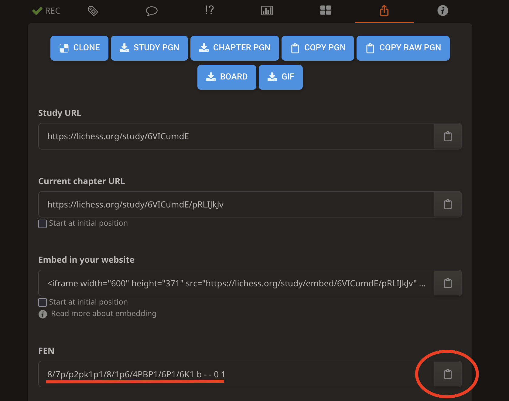 Step 3 — Scroll down and copy FEN to clipboard